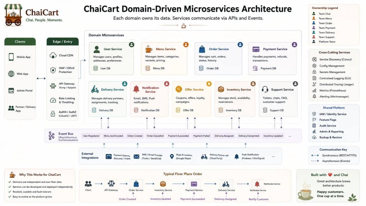 ChaiCart microservices for orders, payments, delivery, menu, coupons, users, notifications, support.