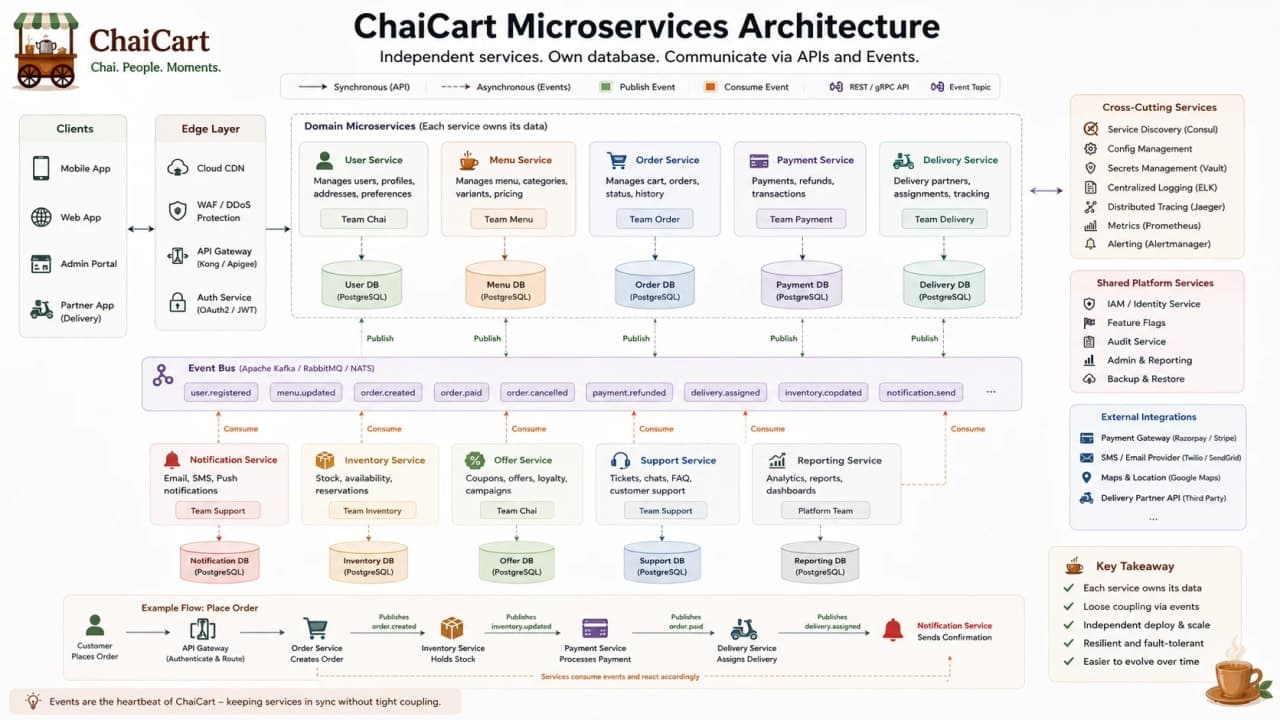 Each ChaiCart microservice owning its own database and publishing events.