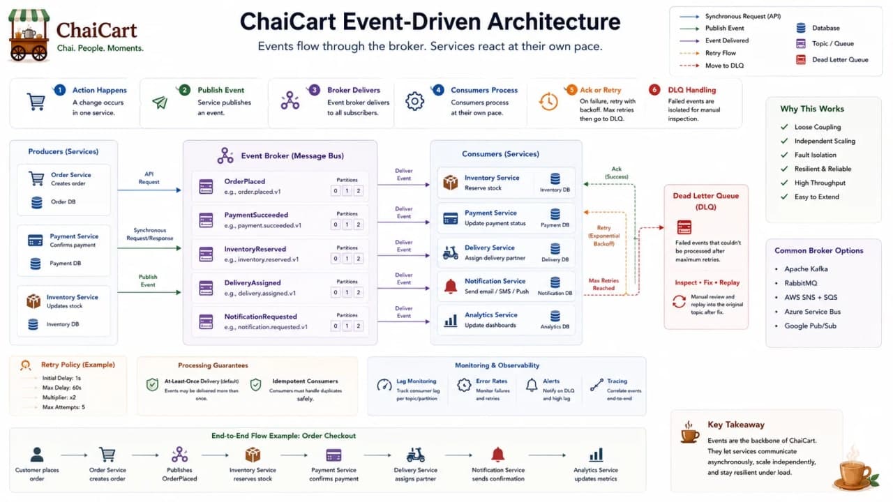 OrderPlaced through broker to payment, delivery, notification, analytics, and loyalty consumers.