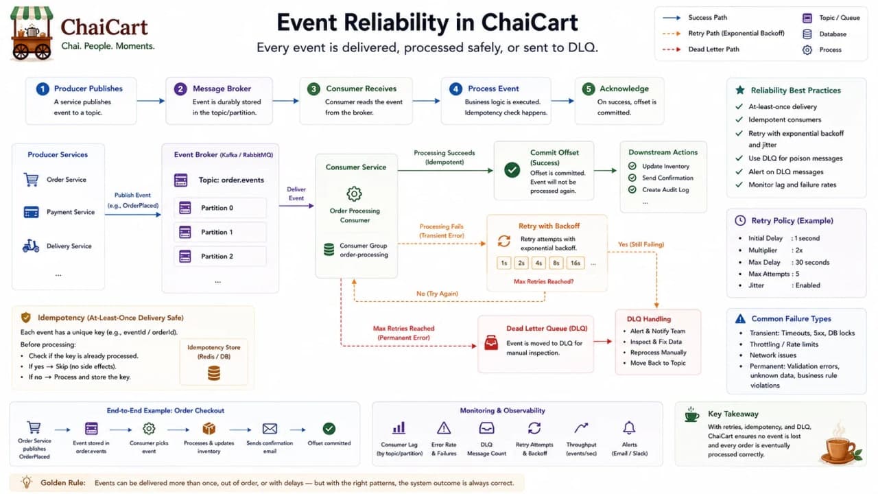 Consumer retry attempts, idempotency check, and movement to dead-letter queue.