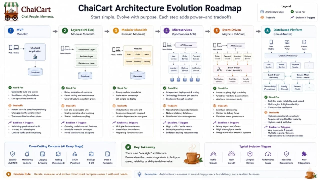 Evolution map from notebook process to monolith, layered monolith, N-tier, microservices, and events.