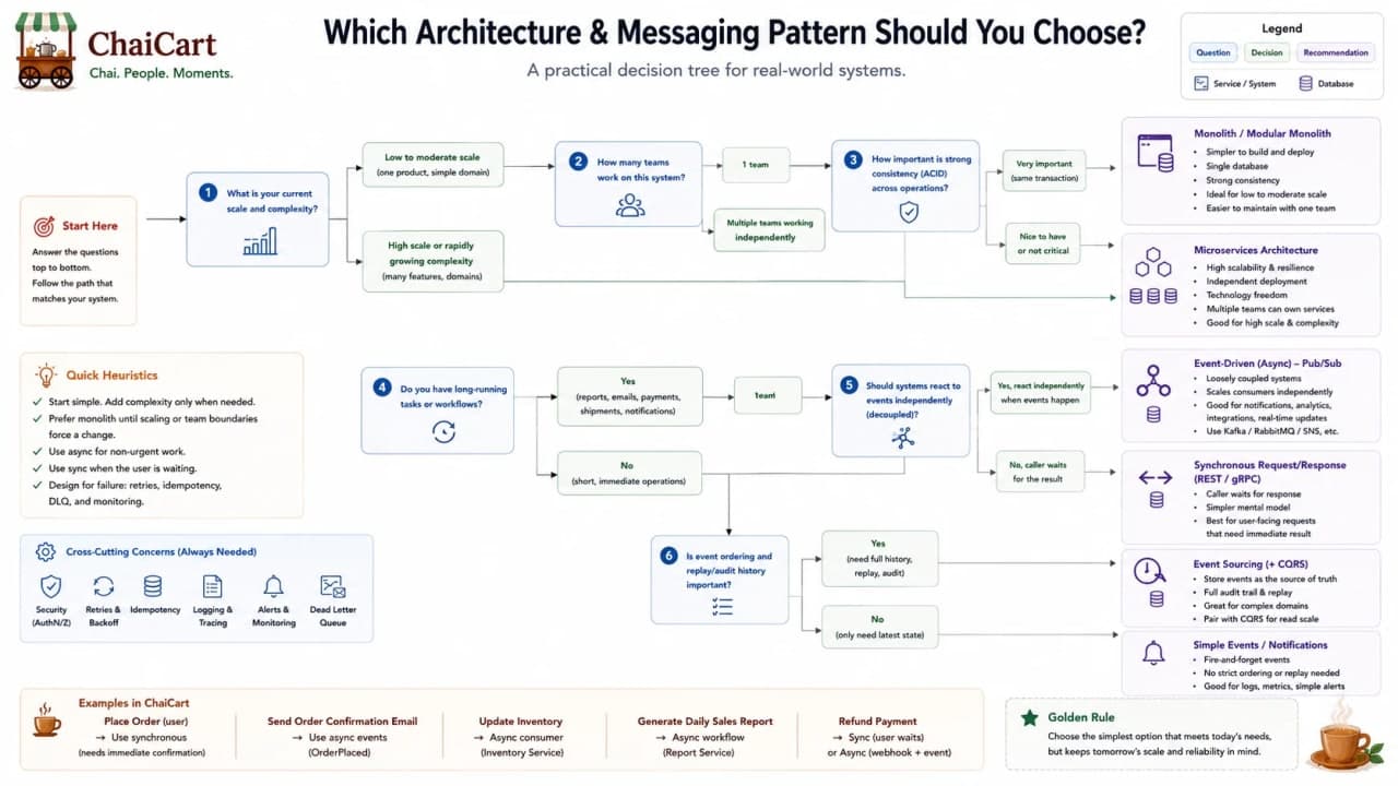 Decision tree for monolith, layered, multi-tier, microservices, or event-driven architecture.