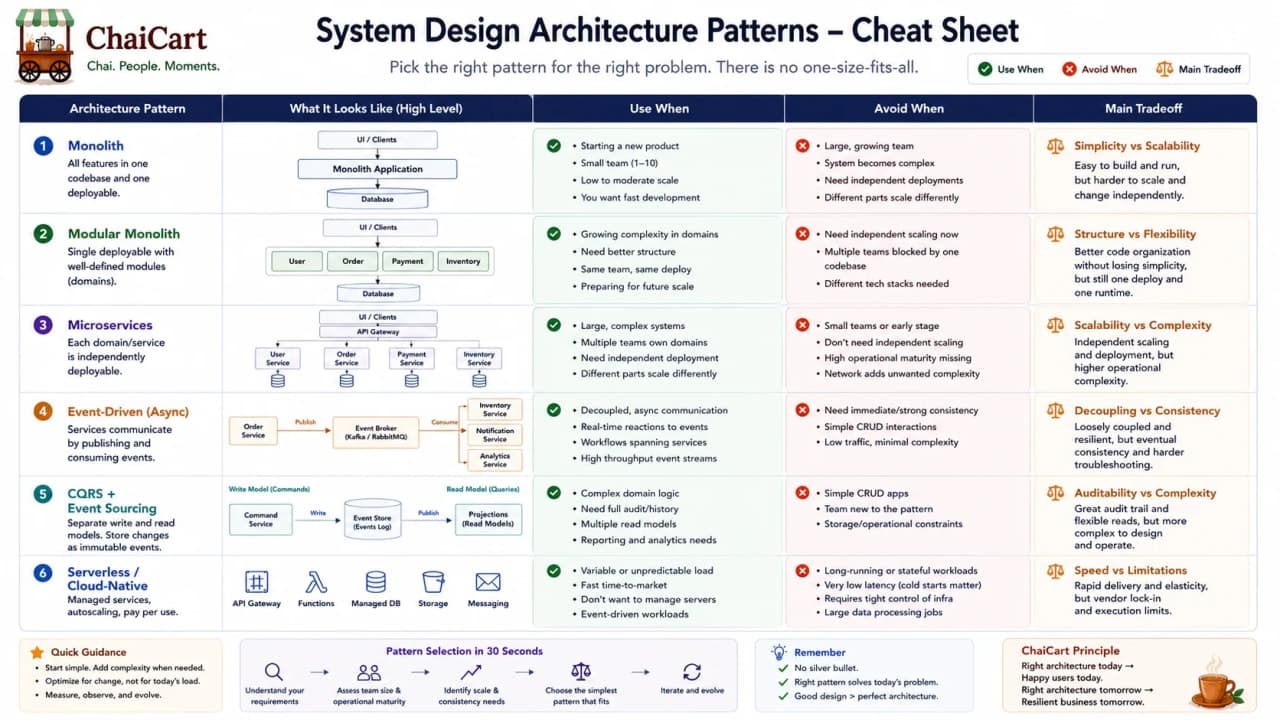 Cheat sheet comparing monolith, layered, multi-tier, microservices, and event-driven architecture.