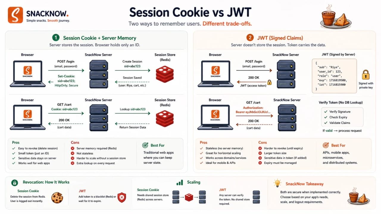 Server-side session and JWT tradeoff comparison.