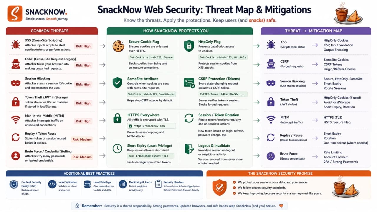 Session hijacking, CSRF, XSS token theft, token leakage, and long-lived sessions.
