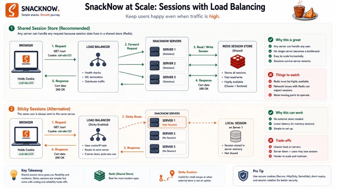 Load-balanced SnackNow servers using Redis or Memcached session store.