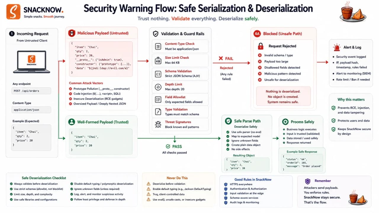 Malicious serialized input, unsafe deserialization, validation, and safe rejection.