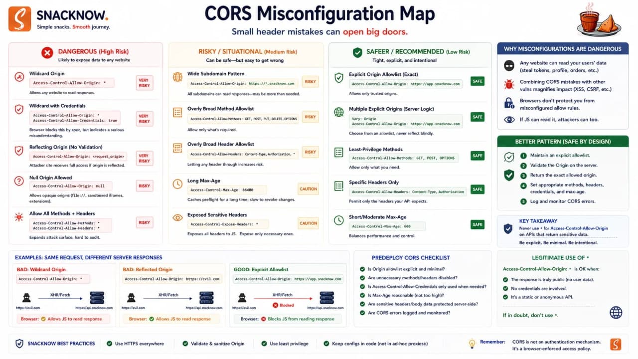 Wildcard origin, reflected origin, broad credentials, and exposed headers.