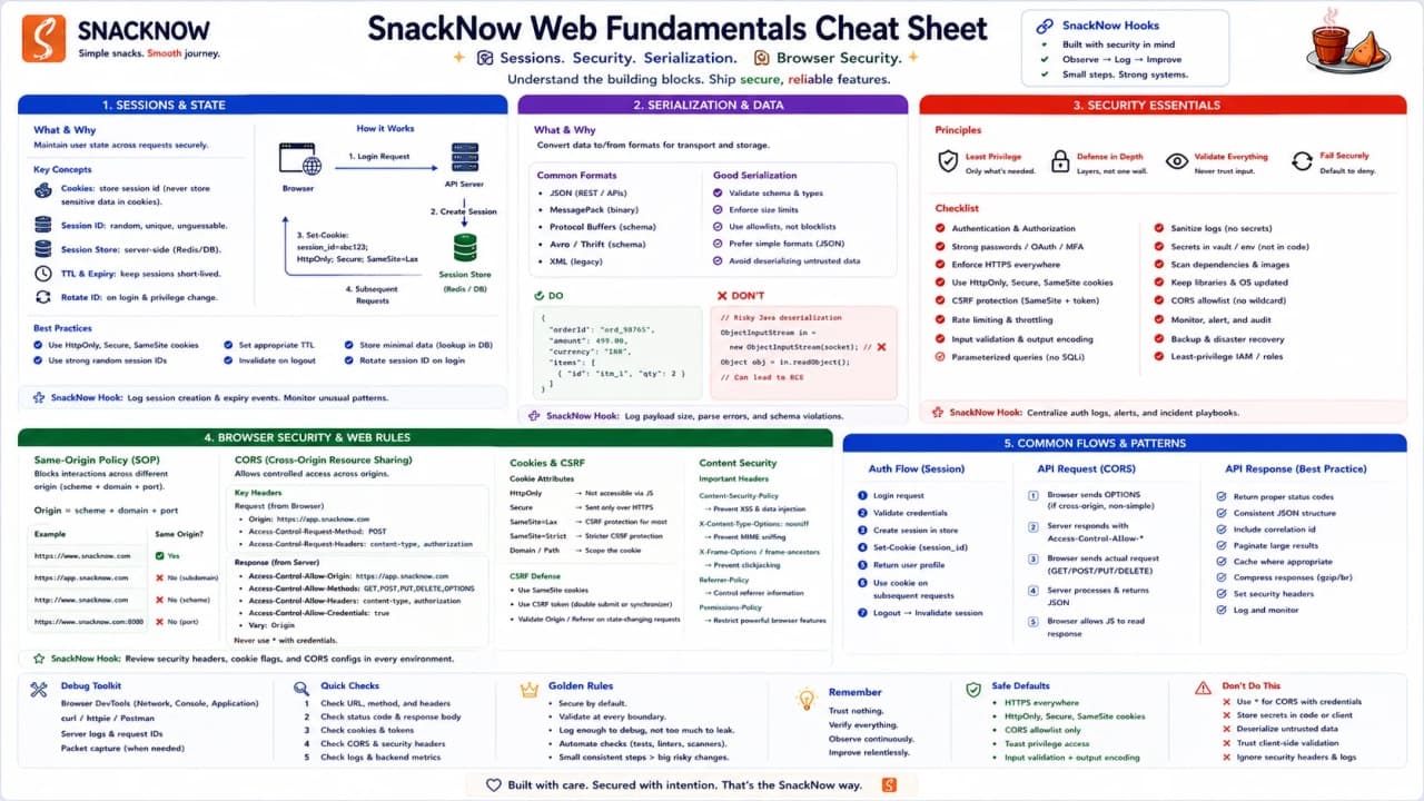 Cheat sheet for HTTP statelessness, cookies, sessions, JWT, OAuth, serialization formats, SOP, CORS, preflight, proxy, gateway.