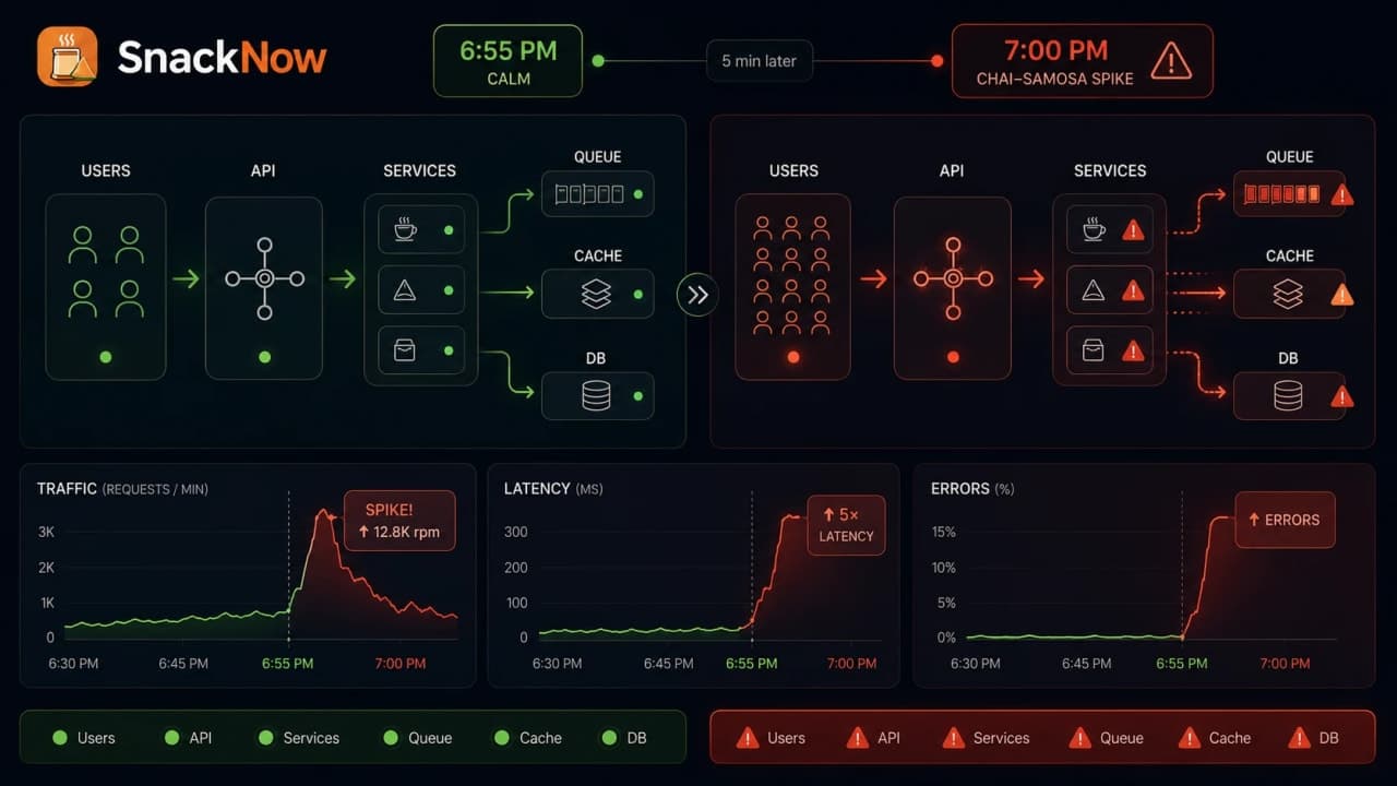 Diagram showing SnackNow traffic rising sharply at 7 PM and creating server pressure, latency, and errors.