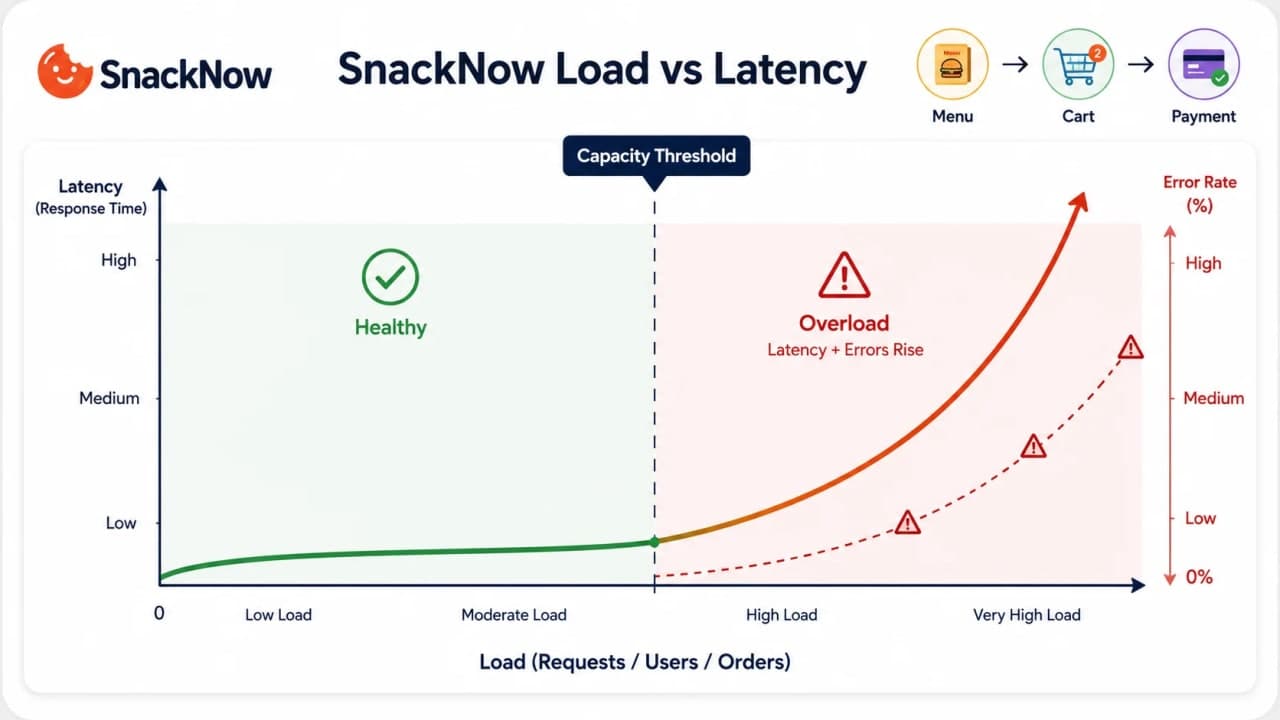 Chart showing load increasing, latency staying low at first, then rising sharply after capacity is exceeded.