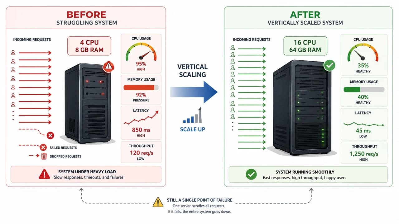 Before and after diagram of one SnackNow server upgraded from smaller CPU and memory to larger CPU and memory.