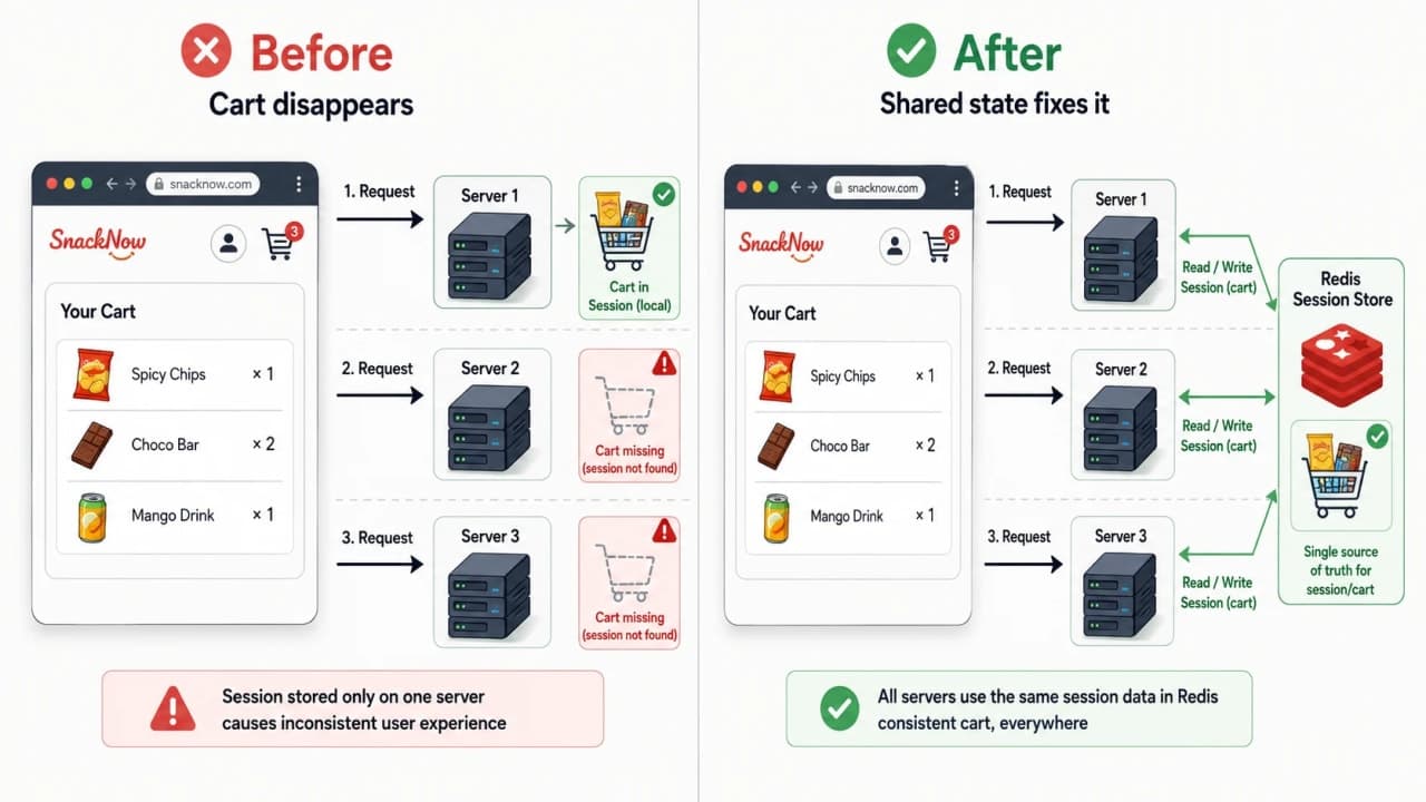 Diagram showing Riya's cart request going to Server 1, then Server 2, with shared session storage fixing missing cart state.