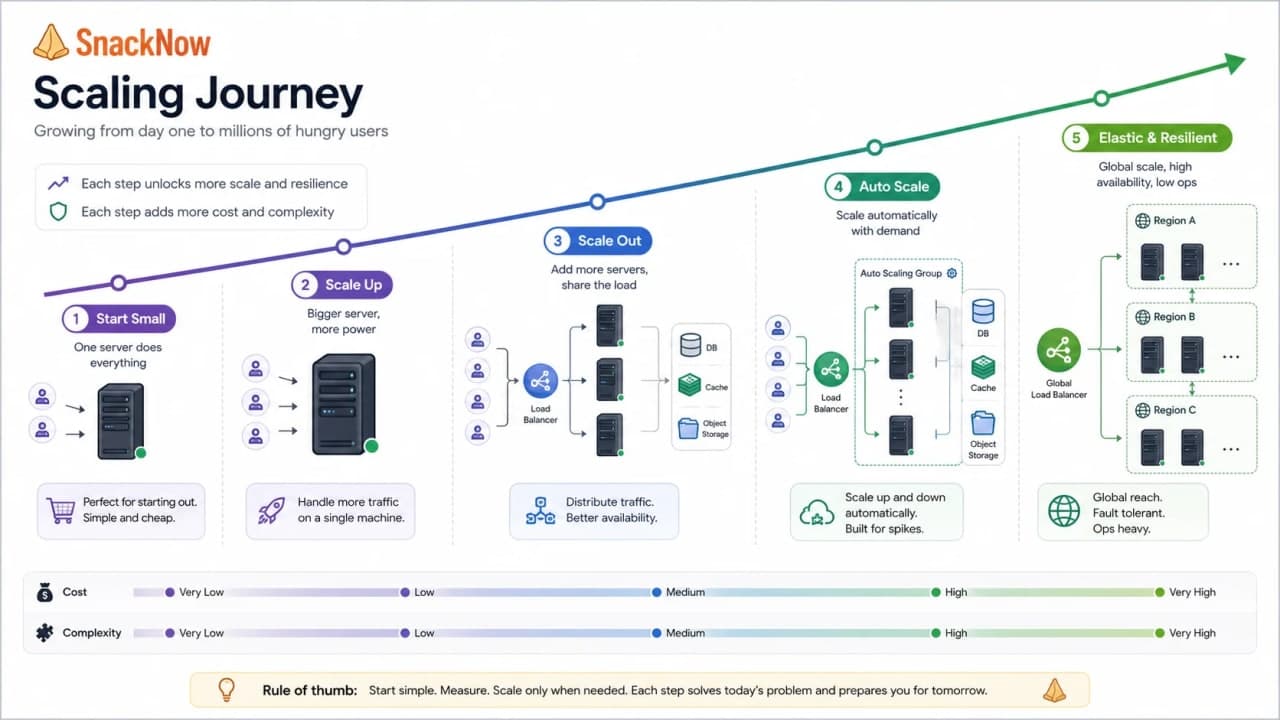 Growth path showing SnackNow moving from one small server to a bigger server, then multiple servers, then autoscaling later.