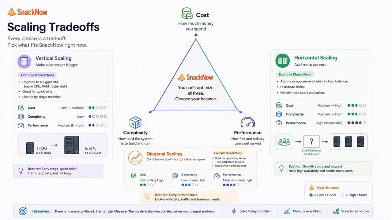 Tradeoff triangle comparing cost, complexity, and performance for vertical, horizontal, and diagonal scaling.