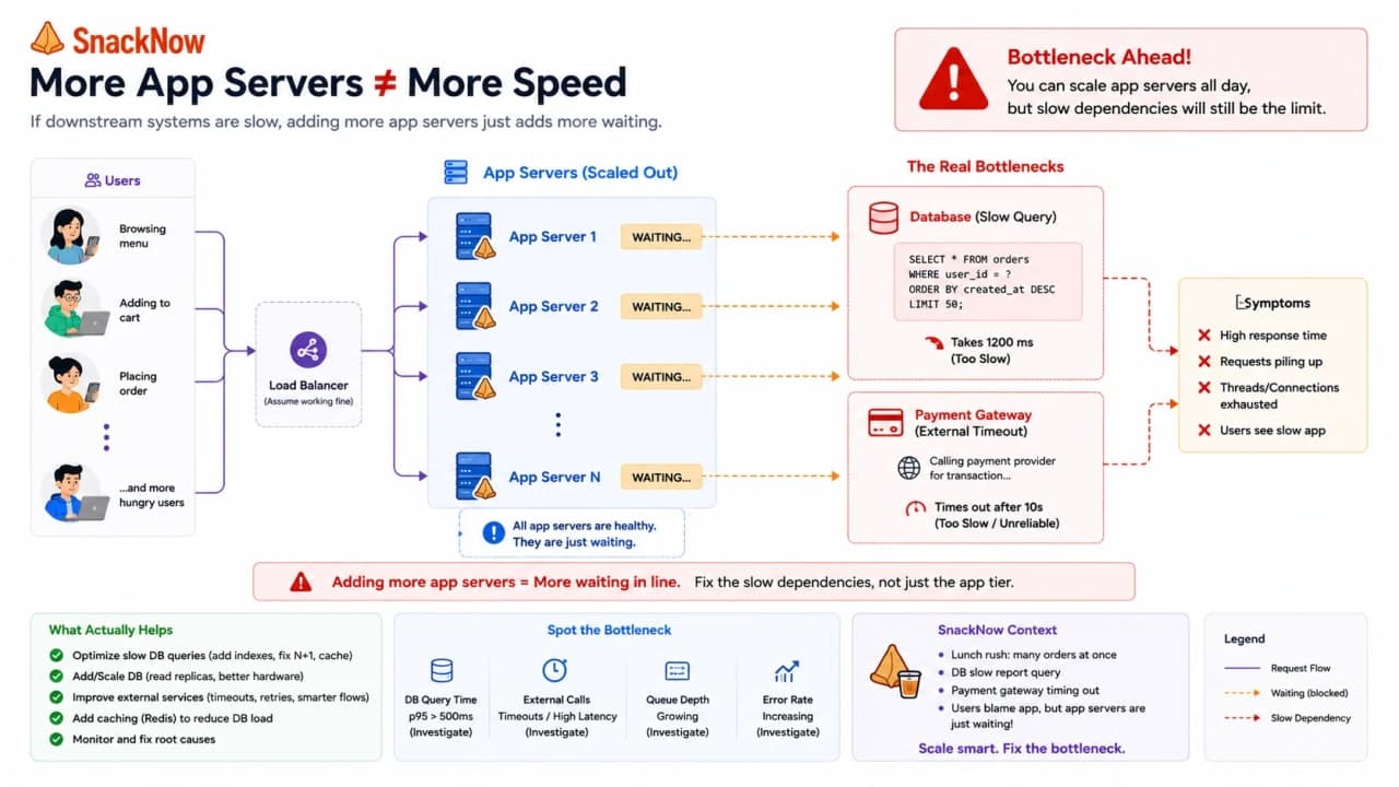 Diagram showing many app servers waiting behind one slow database query and one payment provider timeout.