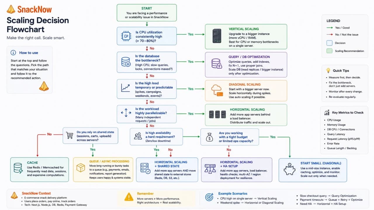 Decision framework flowchart for choosing vertical, horizontal, diagonal, caching, queueing, or query optimization.