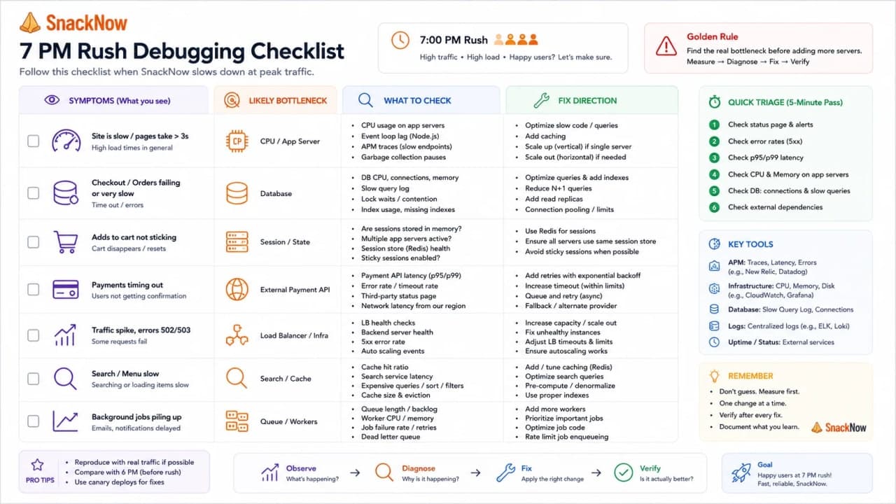 Checklist visual mapping slow menu, cart disappearing, payment timeout, errors, and high cost to checks and fixes.