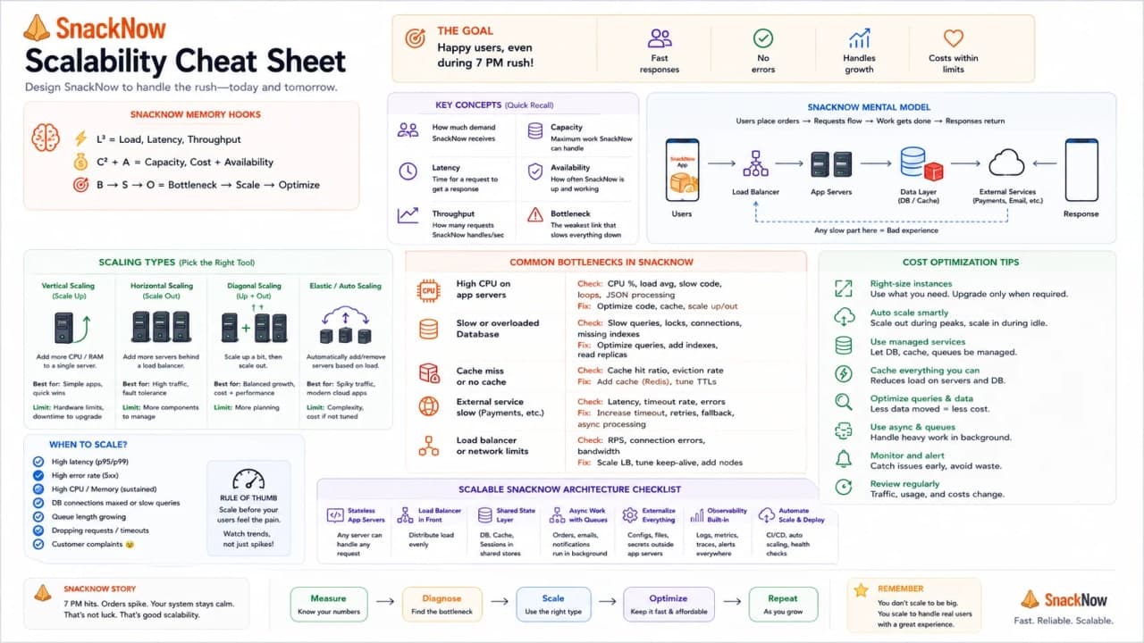 Cheat sheet summarizing scalability, load, latency, throughput, bottleneck, vertical scaling, horizontal scaling, diagonal scaling, and cost.