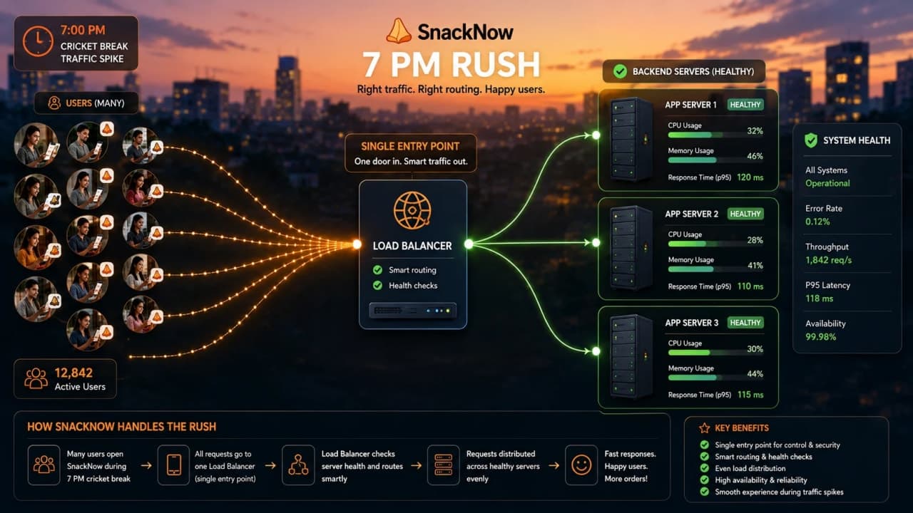 Diagram showing users sending requests to one SnackNow load balancer, which routes to healthy backend servers.