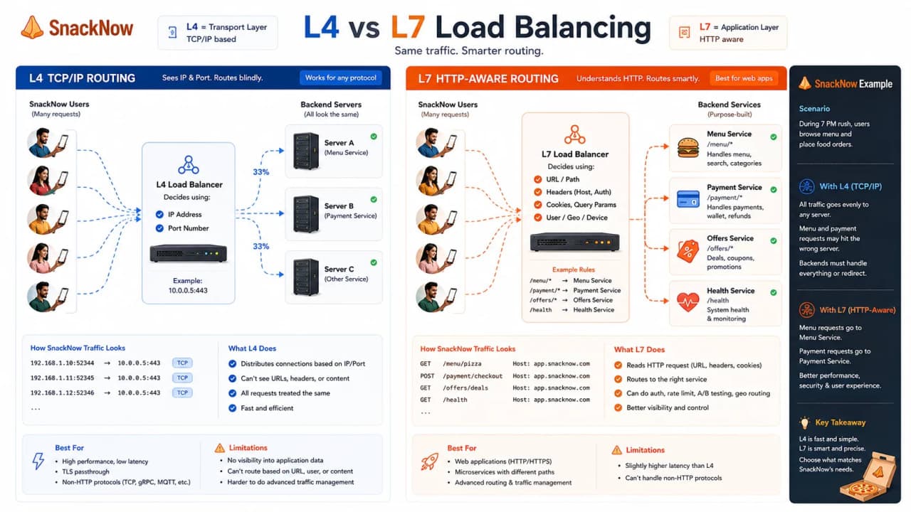 Comparison diagram showing Layer 4 using IP/port and Layer 7 using path, host, headers, and cookies.