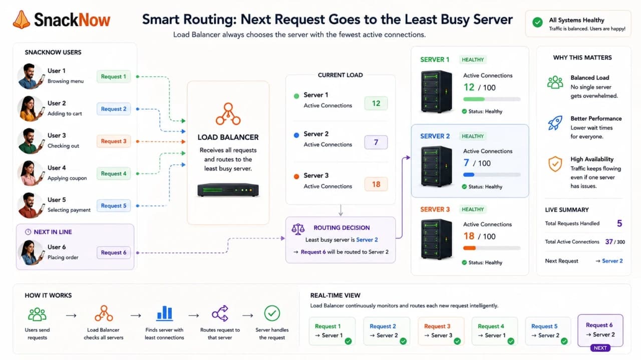 Diagram showing new SnackNow traffic routed away from the busiest server.