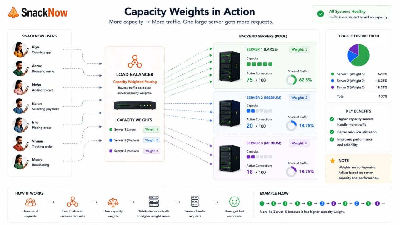 Diagram showing a larger SnackNow server receiving more requests than smaller servers.