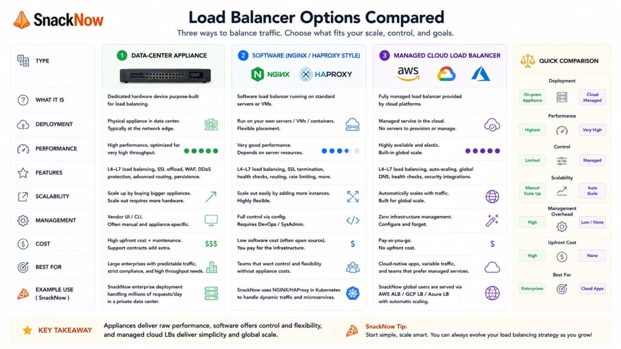 Comparison map showing hardware appliance, software proxy, and managed cloud load balancer.