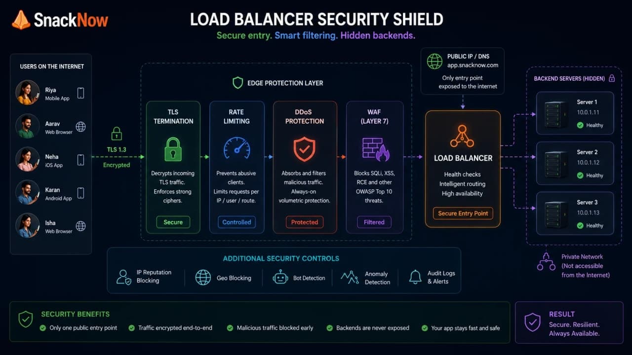 Diagram showing SSL termination, rate limiting, DDoS protection, WAF, and backend hiding.