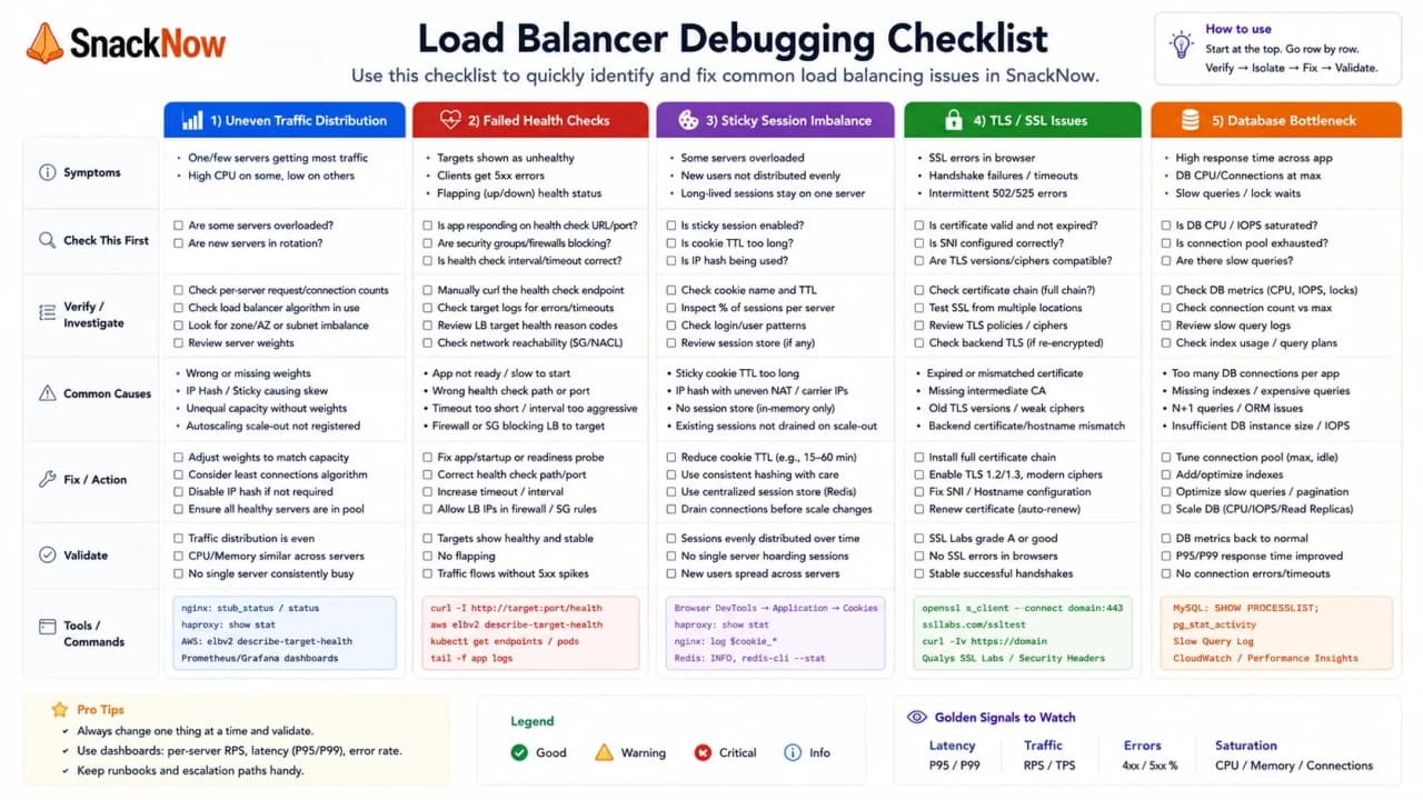 Checklist mapping uneven traffic, bad health checks, sticky sessions, and backend errors to checks.