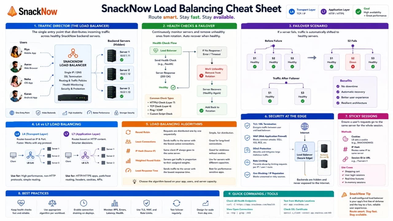Cheat sheet summarizing load balancer, health check, failover, L4, L7, algorithms, and sticky sessions.