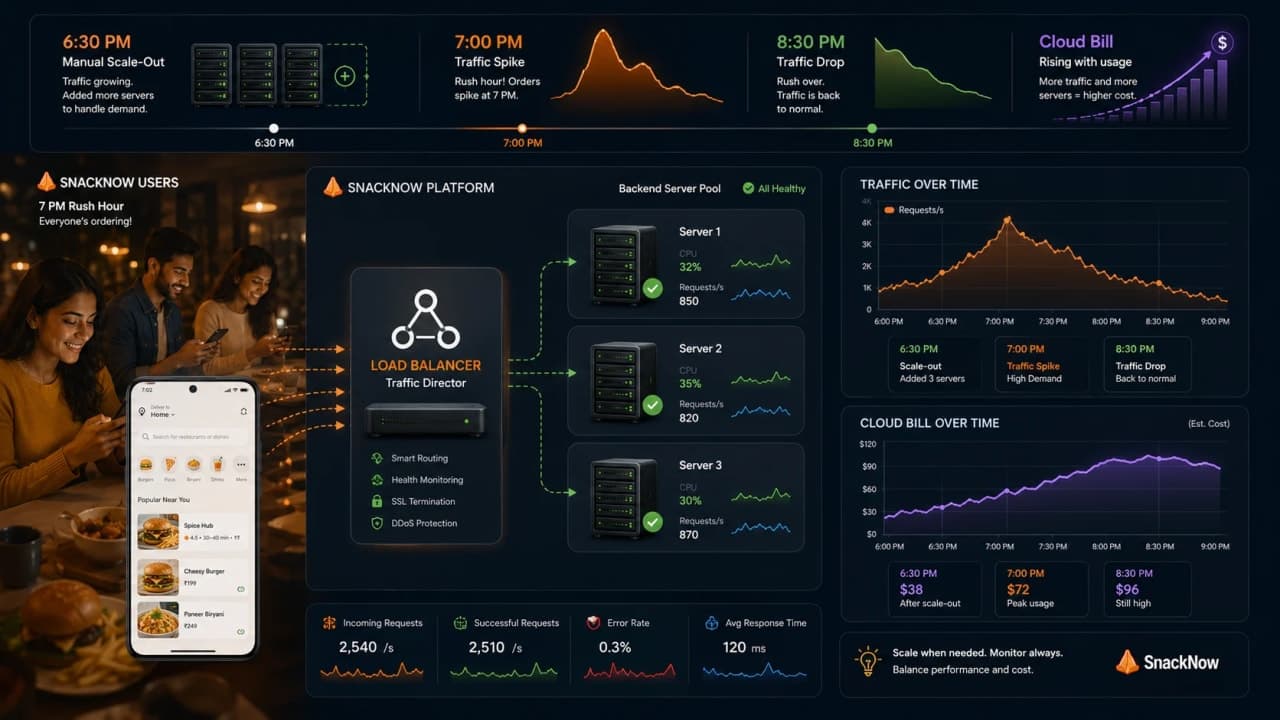 Timeline showing Aman manually adding SnackNow servers before 7 PM and forgetting extra capacity later.
