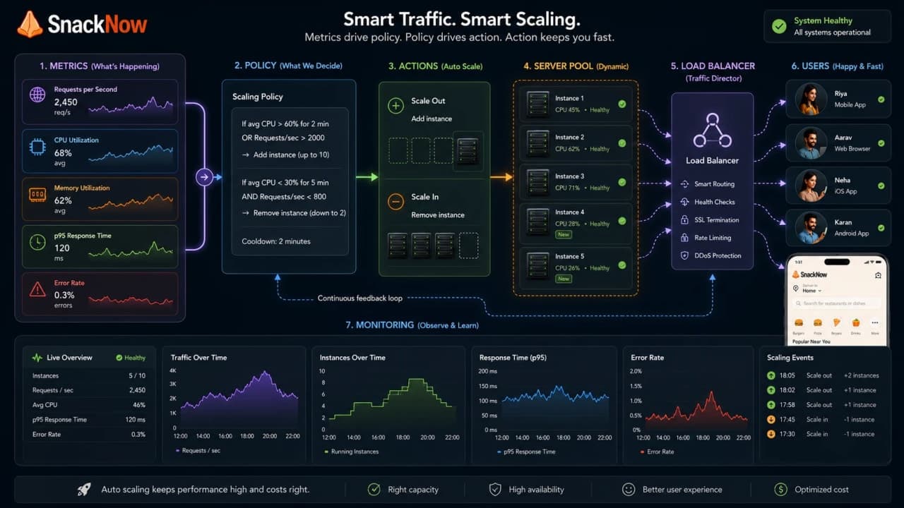 Loop diagram showing metrics, autoscaling policy, capacity change, routing, and monitoring feedback.
