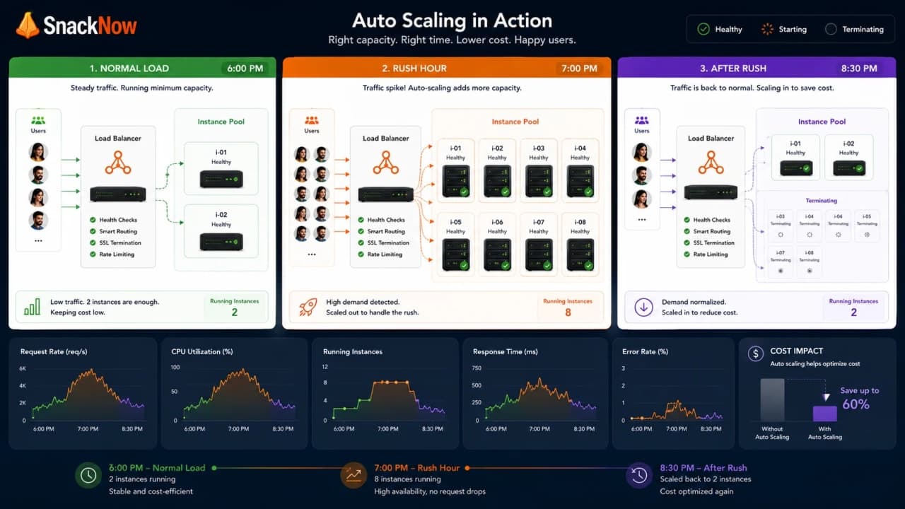 Diagram showing SnackNow scaling from two app instances to eight during rush and back down.