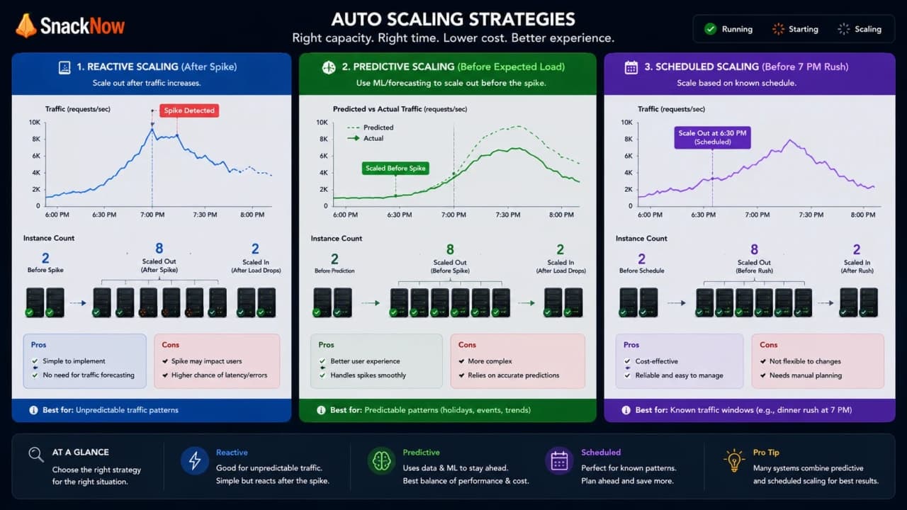 Comparison diagram showing reactive, predictive, and scheduled scaling curves.