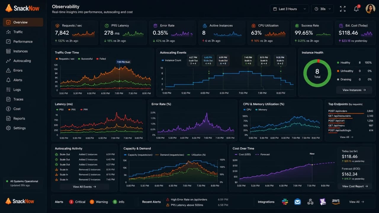 Dashboard showing CPU, memory, request rate, latency, queue depth, error rate, and cost.