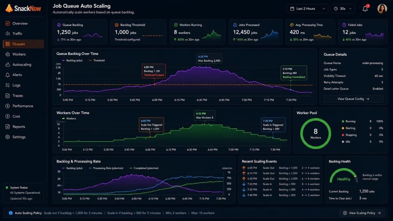 Diagram showing SnackNow notification workers scaling out as pending jobs increase.