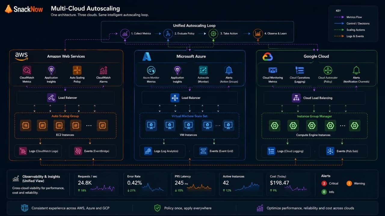 Map comparing AWS, Azure, and GCP autoscaling services around metrics, policy, and capacity.