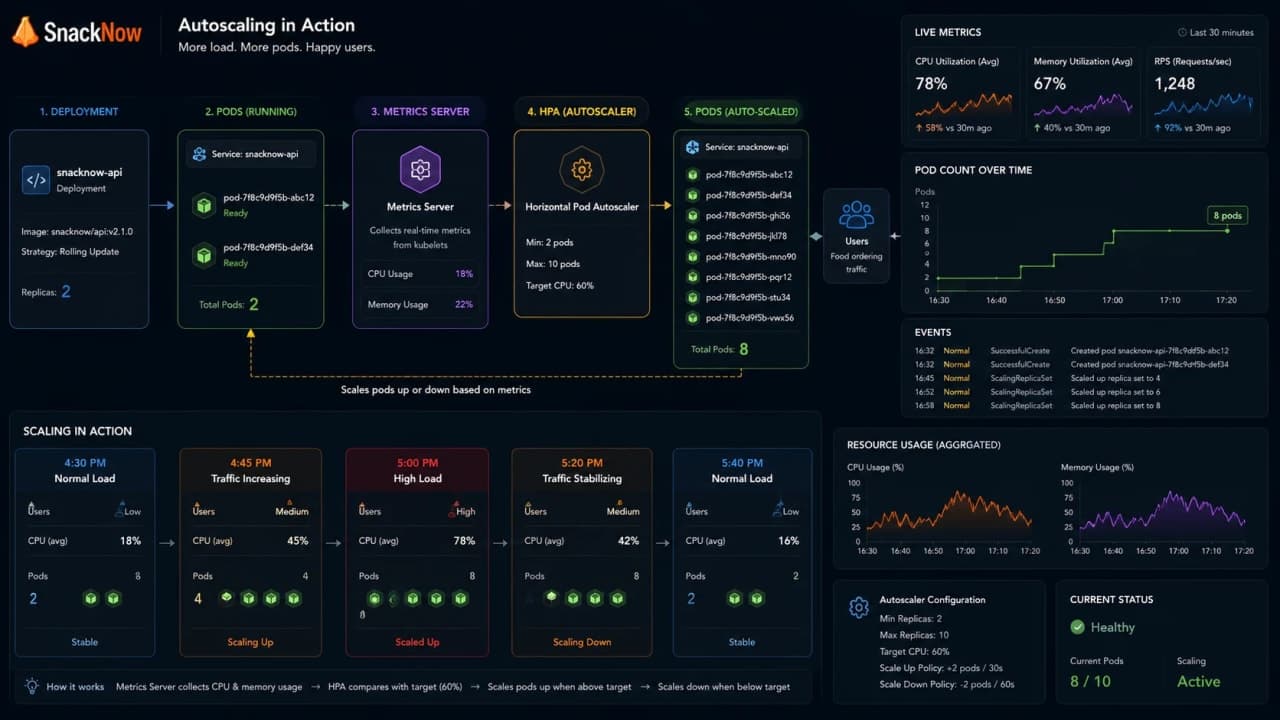 Diagram showing Kubernetes HPA increasing SnackNow pods based on CPU or custom metrics.