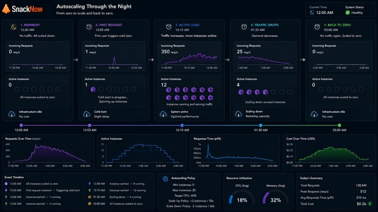 Timeline showing a serverless SnackNow function at zero, cold start, active handling, and scale down.