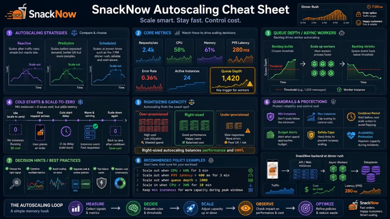 Cheat sheet summarizing autoscaling, metrics, cold starts, scale-to-zero, and cost guardrails.