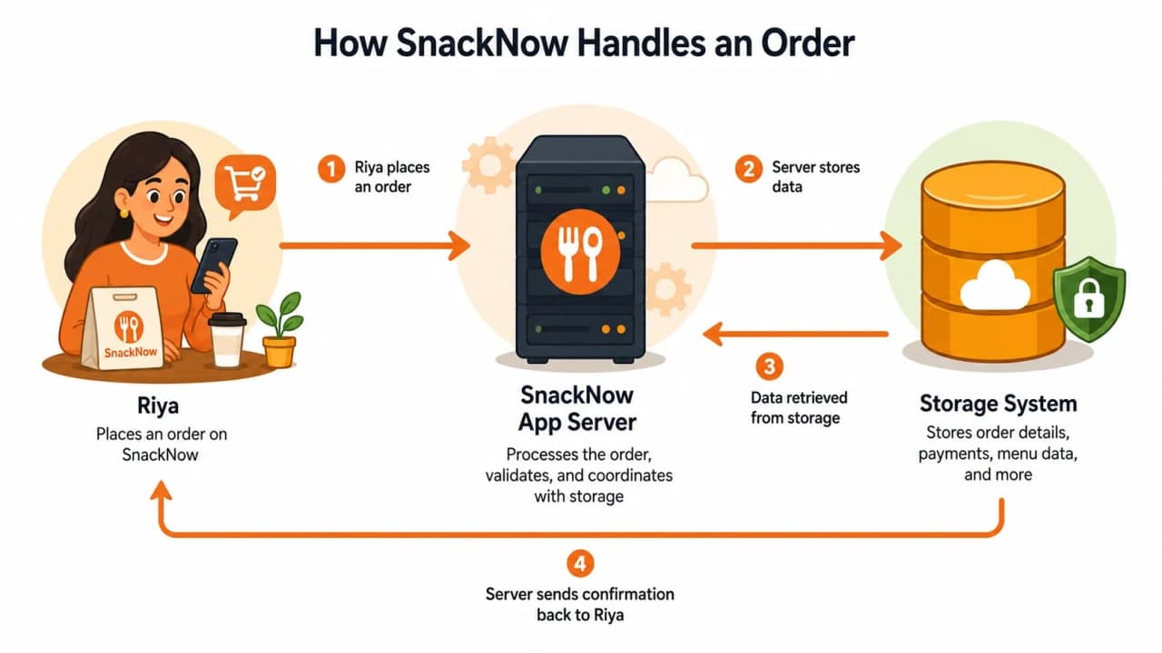 Diagram showing Riya using SnackNow, the app server reading and writing storage, and the response returning to the user.