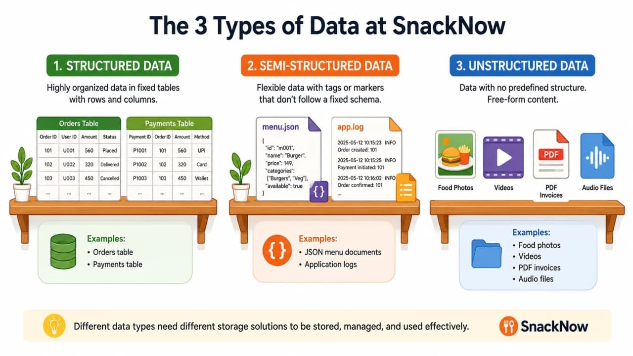 Three shelf diagram comparing structured data, semi-structured data, and unstructured data using SnackNow examples.