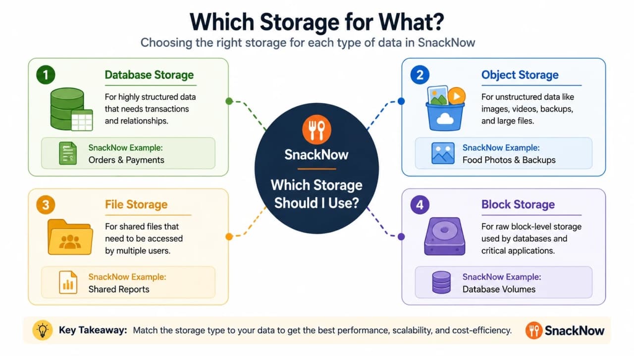 Decision map showing database storage, object storage, file storage, and block storage with SnackNow examples.