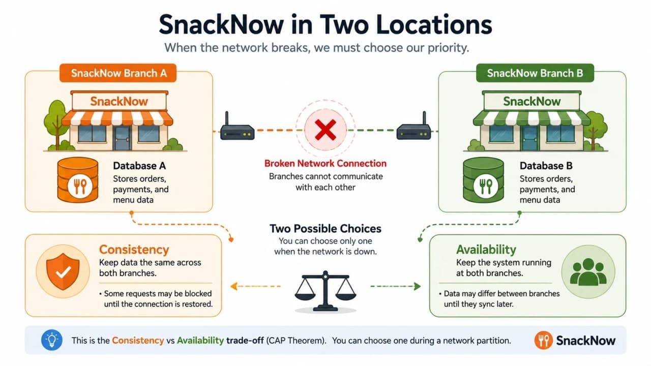 Diagram showing two SnackNow database branches separated by a network failure, explaining CAP theorem tradeoffs.