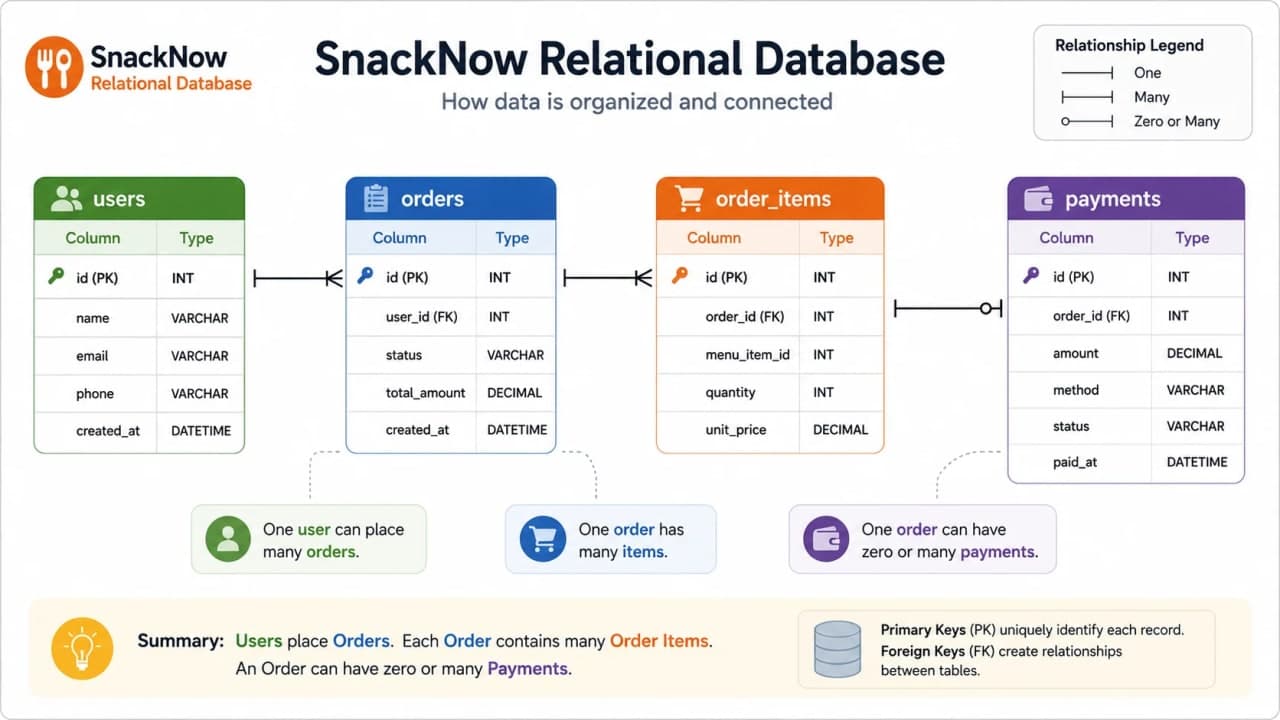 Diagram showing SnackNow relational database tables for users, orders, order items, and payments connected by keys.