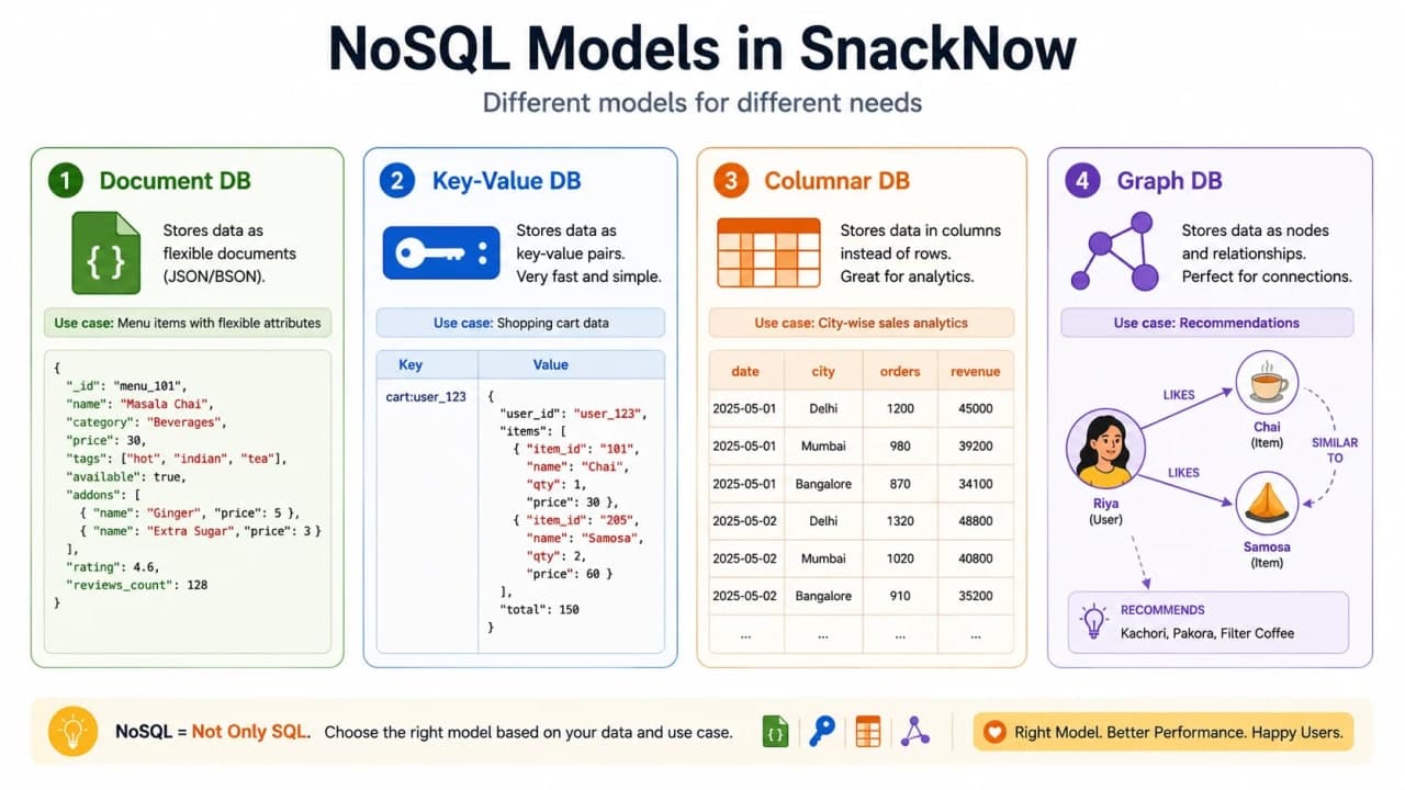 Four-panel diagram showing document, key-value, columnar, and graph database models with SnackNow examples.