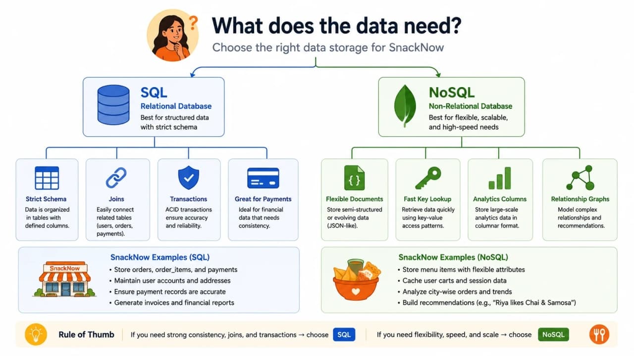 Decision path diagram comparing SQL and NoSQL choices using SnackNow requirements such as payments, catalogs, carts, analytics, and recommendations.