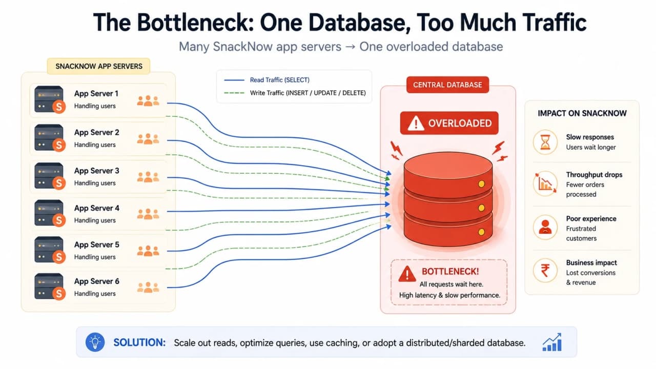 Diagram showing many SnackNow app servers sending reads and writes into one overloaded database bottleneck.