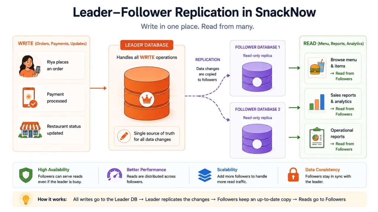 Leader follower replication diagram showing writes to leader database and reads from follower replicas.